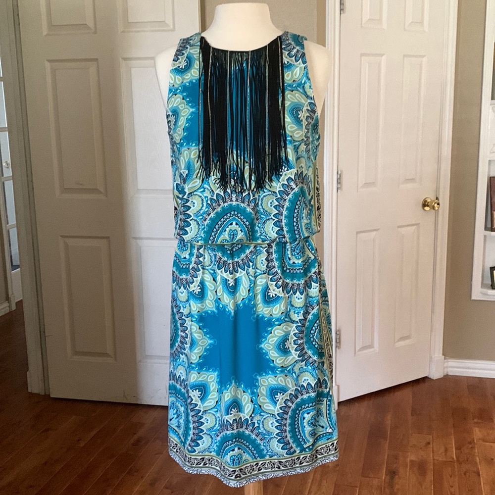 Beautiful Blue fringe blouson Cato dress.  Size Medium
